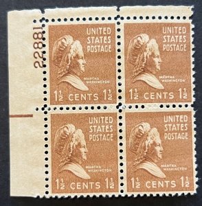 Scott#: 805 - Martha Washington 1½¢ 1938 Plate Block of Four MNHOG - Lot 6 FR