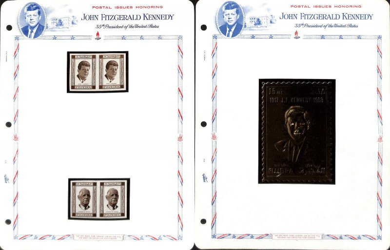 Fujeira Stamp Collection on 12 White Ace Pages, John Kennedy