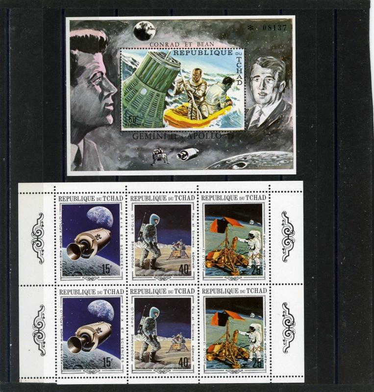 CHAD 1970-1971 Sc#225A-E,231E SPACE EXPLORATION SHEET OF 6 STAMPS & 2 S/S MNH