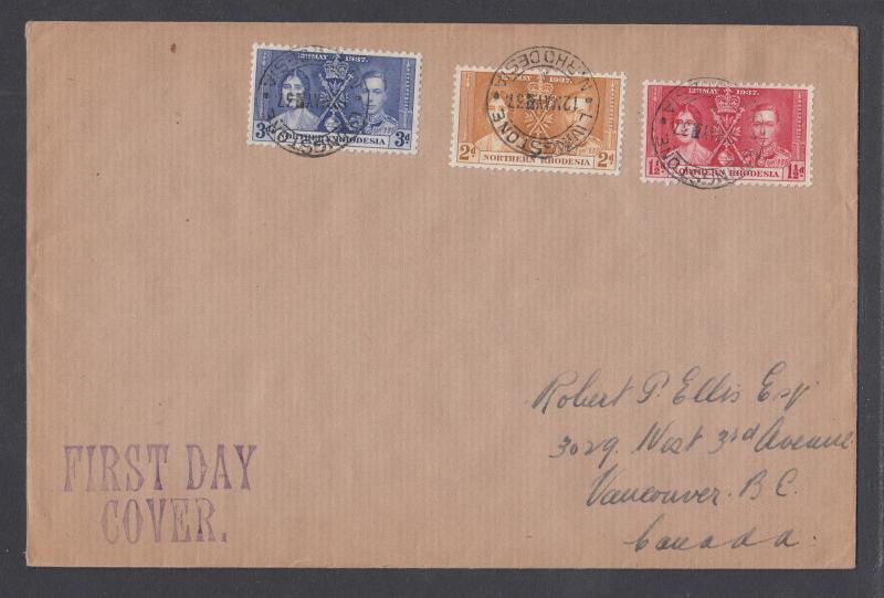 Northern Rhodesia Sc 22- 24 FDC. 1937 Coronation cplt on Selfridge & Co. cover