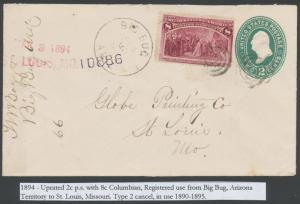 #236 8c COLUMBIAN 1894 REG COVER BIG BUG, ARIZONA TERR. TO ST LOUIS, MISS BM7331