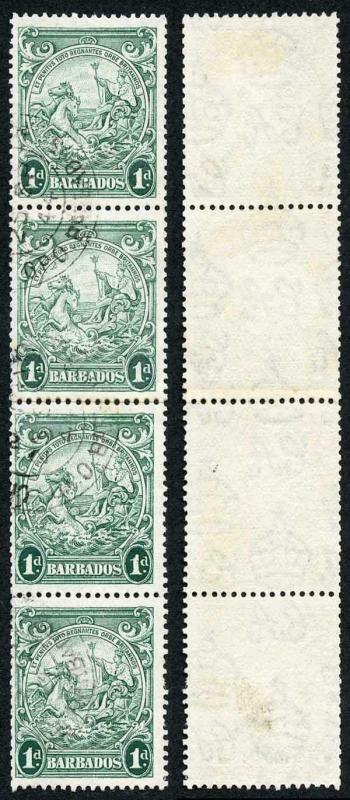 Barbados SG249b 1d Blue Green COIL JOIN STRIP FINE USED