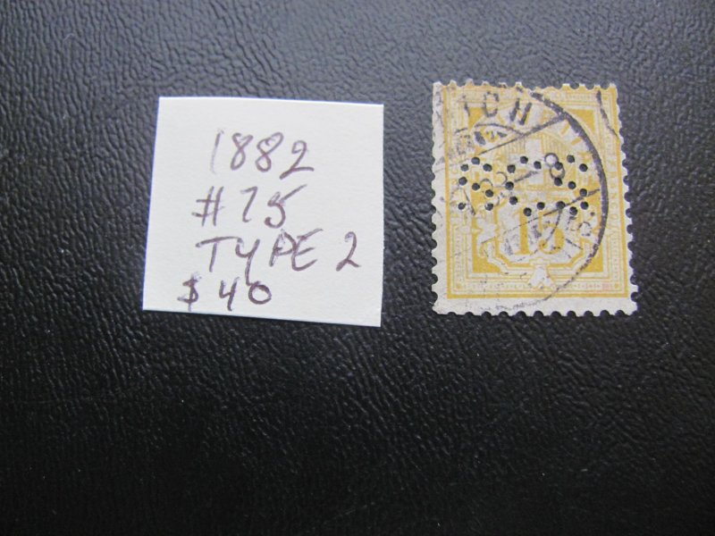 SWITZERLAND 1882 USED HOLES CANCEL  SC 75 TYPE 1  FINE  $40 (188)