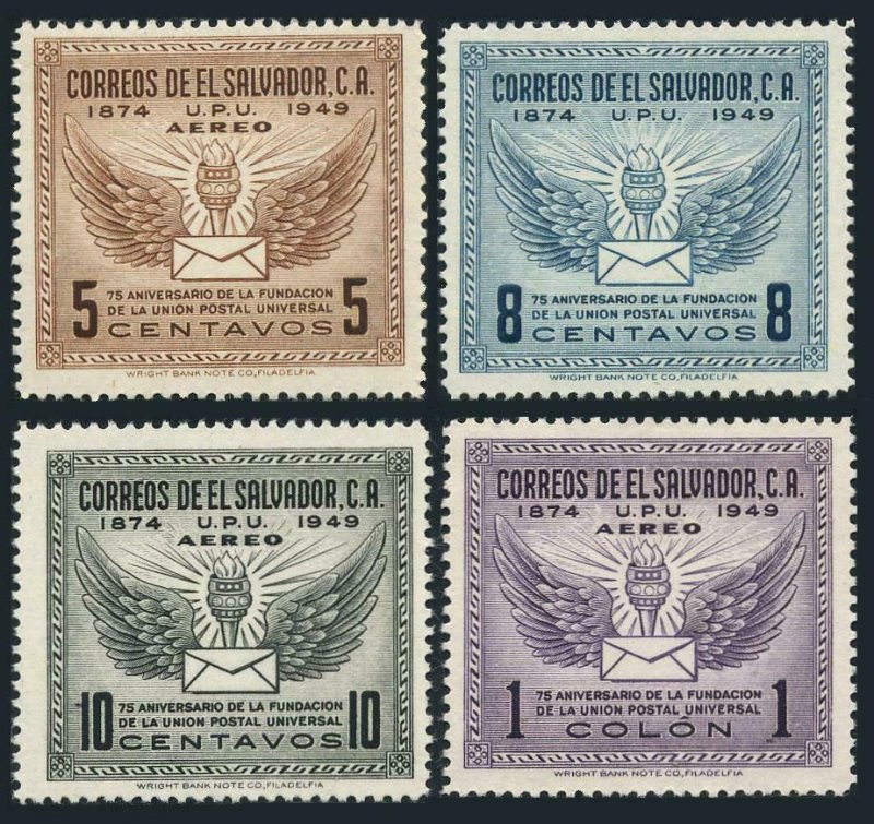 Salvador 613,C122-C124,MNH.Michel 656-659. UPU-75,1949.Torch,Winged letter.