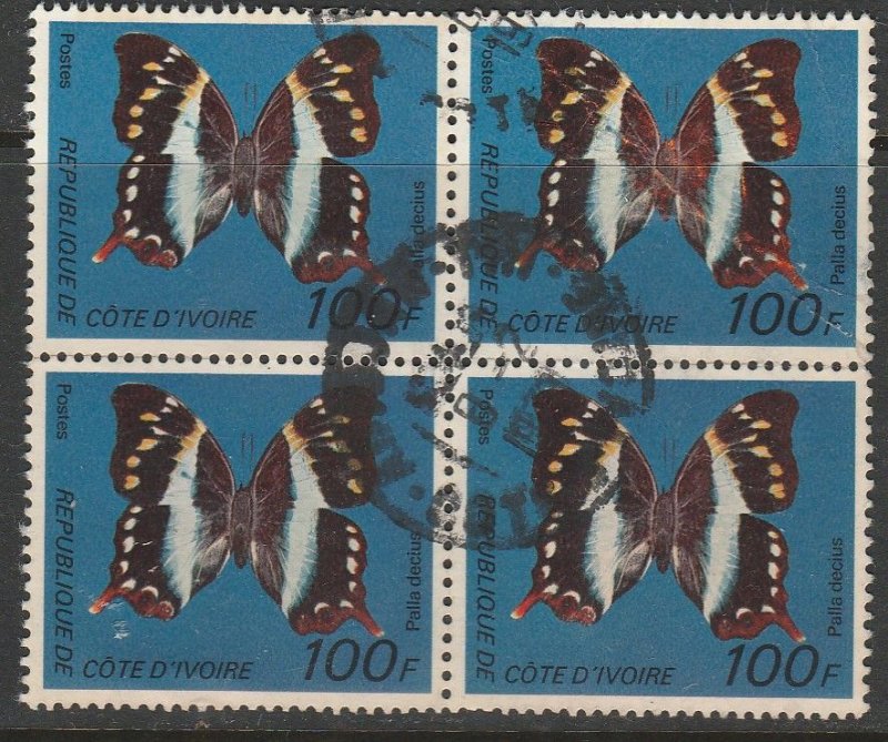 IVORY COAST 446D, BUTTERFLY PALIA DECIUS. USED BLOCK OF FOUR. VF. (364)