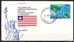 Liberia, Scott cat. 743c ONLY. Stagecoach, UPU, ITU s/sheet. First day cover. ^