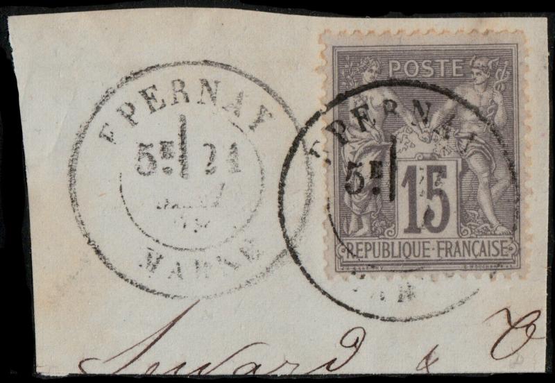 FRANCE 1878 CàD  EPERNAY / MARNE  sur Yv.77 15c Sage sur fragment