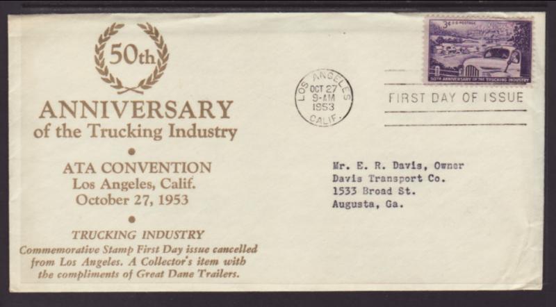US Trucking 1953 Typed FDC BIN