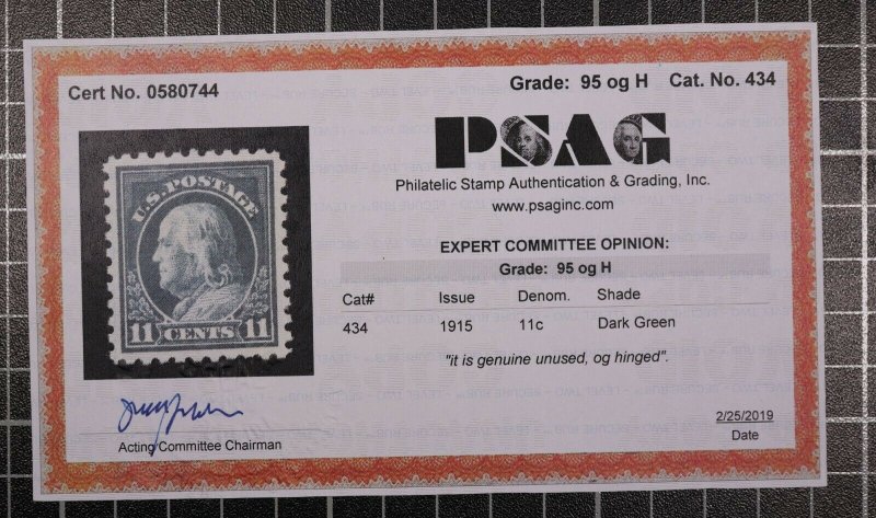 Scott 434 - 11 Cents Franklin - OG MH - PSAG Cert 95 - SCV - $75.00