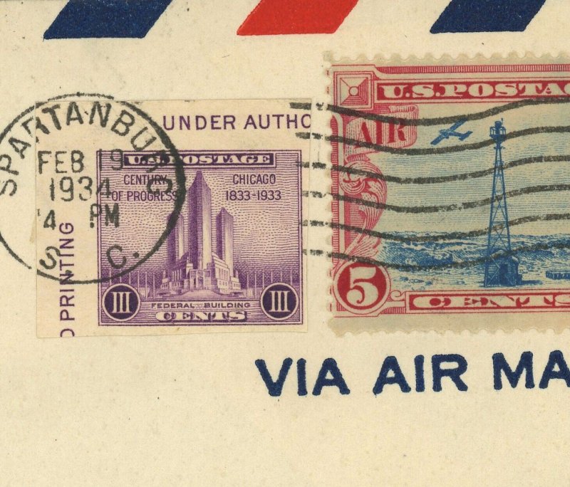 Spartanburg US Army Emergency Service 1934 Airmail Scandal Cover 8c Postage #C11