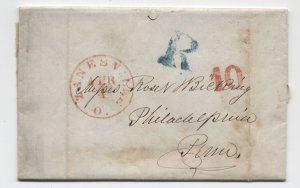 1846 Zanesville OH red CDS stampless letter blue R philadelphia [k.683]