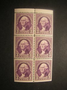 Scott 720b, 3c Washington, Booklet pane of 6 with tab, MNH Beauty, CV $60