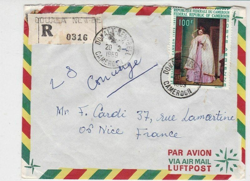 Rep De Cameroun 1969 Regd Airmail Douala Cancels Lady Pic Stamp Cover Ref 30806 