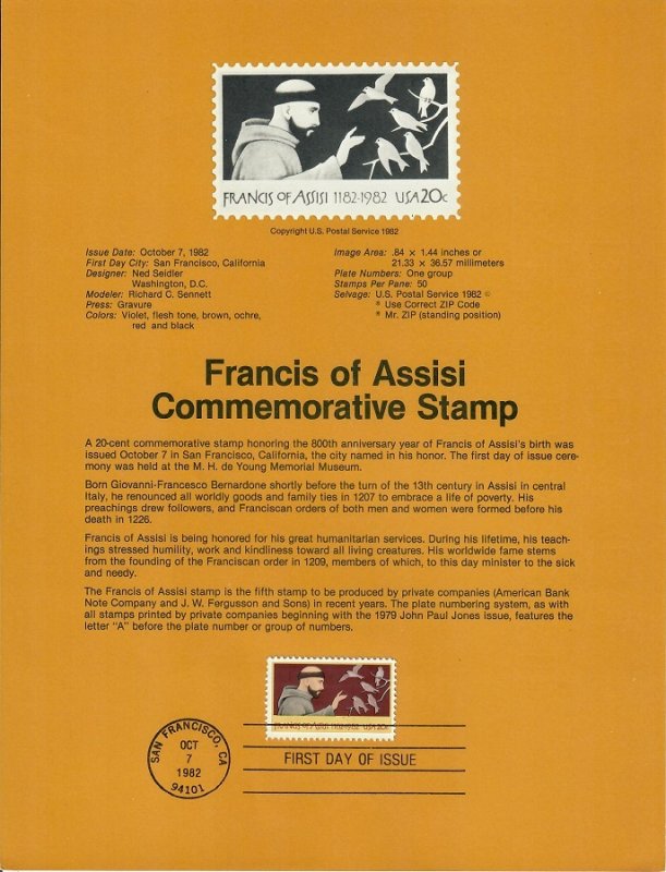 US SP596 Francis of Assisi Souvenir Page #2023