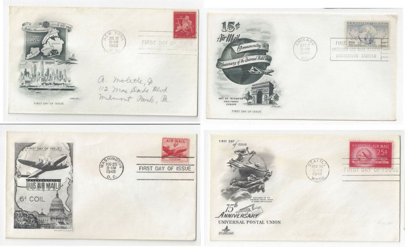 C38 C41 Sc C43 C44 Air mail FDC s 4 Different 1948 1949 First Day Cachet Covers