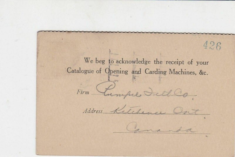 canada 1926 opening and carding machines receipt stamps card ref 20361