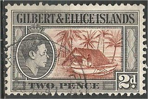 GILBERT AND ELLICE, 1939,  used 2p, Canoe and boat house  Scott 43