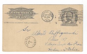 Cuba 1922 1c postal card with added  due marking to Milan, Italy