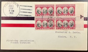 703 Uncachet Battle of Yorktown FDC w/Arrow Block of 4  1931