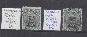 BSAC Rhodesia KGV 1913 1/- (2) Admirals SG233 MH/FU BP14226