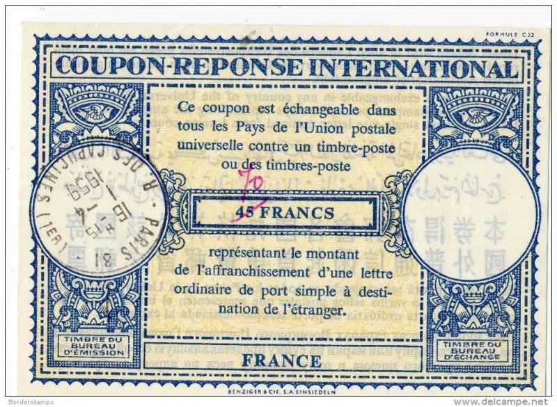 France IAS IRC Antwortschein Reply Coupon Reponse Int. 70 over 45 Francs Paris