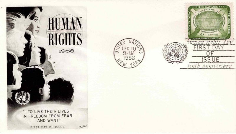 United Nations 1958 FDC Sc 67 Human Rights UN New York Fleetwood Cachet