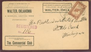 US 327 1904 Tied to registered advertising cover for Walter, Oklahoma with all-over advert on back, stamp with missing corner fr