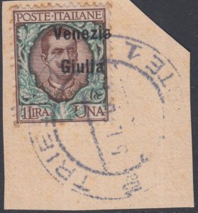 Italy-Venezia Giulia- n.29 1 Lira variety shifted overprint on big piece cv 200$