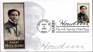 United States 2002 Harry Houdini Appleton, WI. Home Town Station 2nd Day Cover