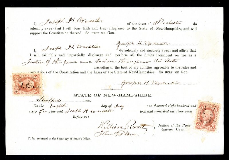 SCOTT #R24C ON 1865 JUSTICE OF THE PEACE OATH JOSEPH H. WORCESTER - ROCHESTER NH 