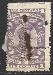 MEXICO 1893-94 1c DURANGO Municipal Revenue w Inutilizado Ovpt DU71B Used