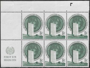 UN-NY # 2  First Printing (1951) M.I. Block of 6  U.L. w/control punch (1) MNH