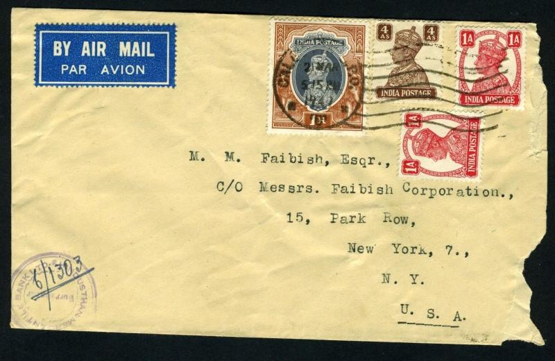 INDIA CALCUTTA 3/21/1947 AIR MAIL COVER TO NEW YORK HINDUSTHAN MERCANTILE BANK