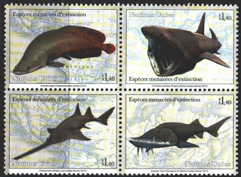 UN Geneva. 2014. 884-87. endangered species, sharks. MNH.