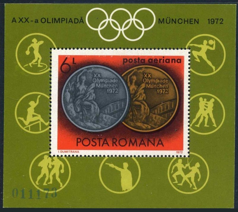 Romania C191, MNH. Michel 3066 Bl.100. Olympics Munich-1972. Romanian medalists.