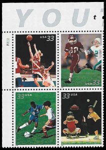 PCBstamps   US #3399/3402 PB $1.32(4x33c) Youth Team Sports, MNH, (1)