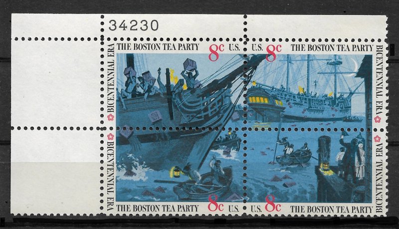 US 1973 American Revolution, Boston Tea Party Plate Block,Sc # 1480-83,VF MNH**