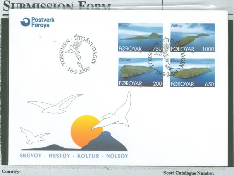 Faroe Islands 383-386 2000 northern island views, landscapes, set of 4, cacheted, unaddressed cover