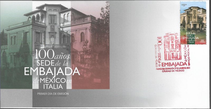 J) 2022 MEXICO, 100 YEARS OF THE EMBASSY OF MEXICO IN ITALY, FDC