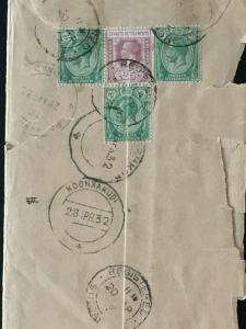 Malaya Straits Settlements 1932 Singapore REGISTERED Mail KOONNAKUDI India M2124