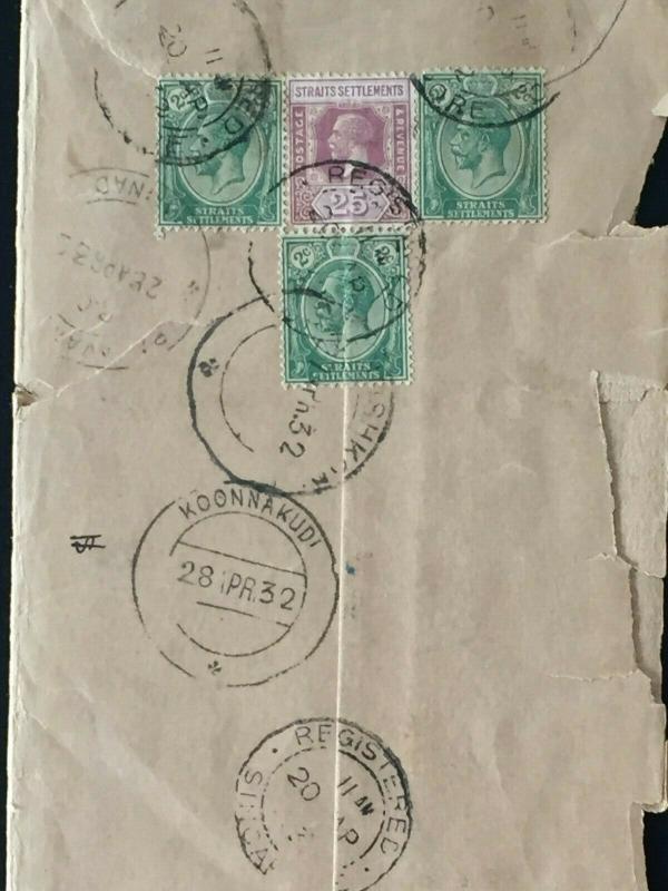 Malaya Straits Settlements 1932 Singapore REGISTERED Mail KOONNAKUDI India M2124