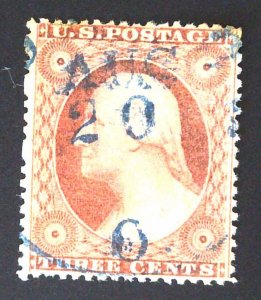 Scott #26 - VF - 3c Dull Red - Washington - Used Blue Cancel - FLs Recut - 1857