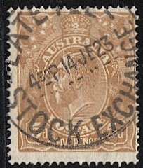AUSTRALIA 1915 Sc 36  5d KGV, Used FVF, Late Fee / Stock Exchange cancel