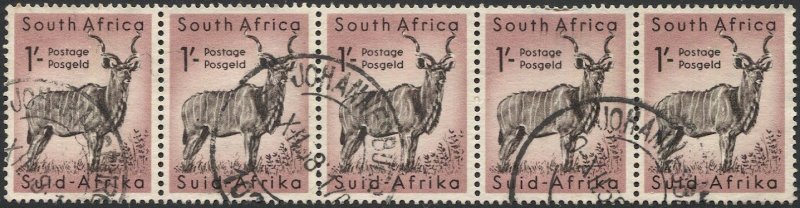 SOUTHA FRICA 1954, Sc 208, VF 1sh Kudu Used Strip of five