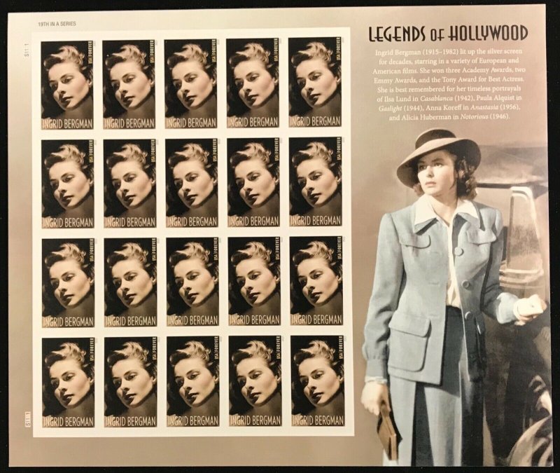 5012     Ingrid Bergman  Actress   MNH Forever sheet of 20     FV $11.00    2015