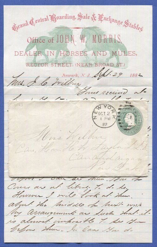 US 1882  3c envelope + Illustrated Letter HORSES Boarding Stables Newark, NJ