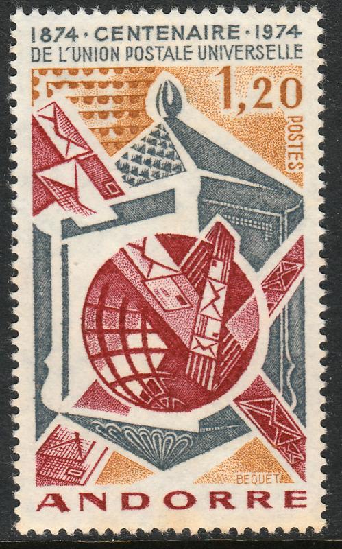 ANDORRA-FRENCH 235, CENTENARY OF THE UNIV. POSTAL U. UNUSED, HINGED, OG. (238)