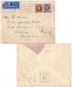 Great Britain 3d and 1/- KGV Photogravure 1937 Crowborough, Sussex Airmail to...