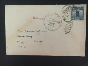 1924 Nanking China Cover to Blacksburg VA USA Missent to Pearlsburg