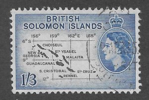 Solomon Islands Scott 100 ULH - 1956 1sh3p Island Map - SCV $2.00